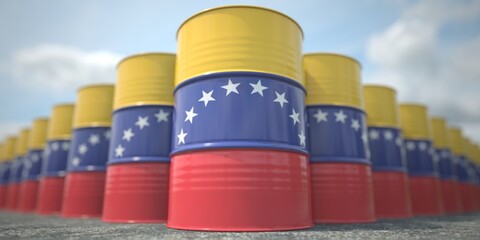 Barrels or oil drums with flag of Venezuela. Petroleum or chemical industry related 3D rendering
