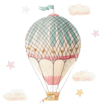 Beautiful image with cute watercolor hand drawn retro vintage air balloon with flags. Stock illustration.