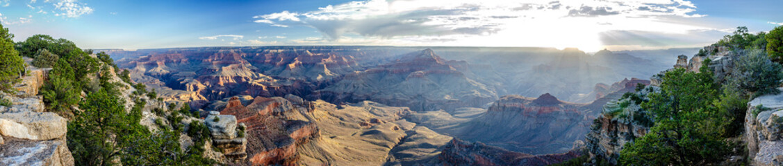 Ultra-widescreen panorama shot of the Grand Canyon at sunrise