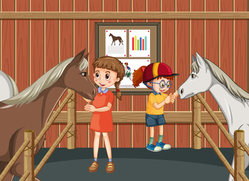 A boy and girl with a horse at stable scene