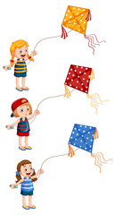 Set of different kids playing kites