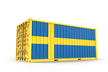 Shipping cargo container textured with Flag of Sweden. Isolated. 3D Rendering