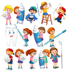 Set of happy kids holding dental cleaning equipment on white background