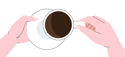 Black coffee in a white cup. Top view of hands holding a cup of tea. Flat vector illustration. eps10