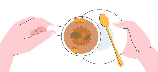 White ceramic cup with herbal tea. Top view of sea buckthorn and mint in water. Hands holding a cup of tea. Flat vector illustration. Eps10