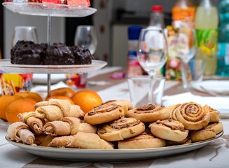 Cinnamon rolls and stuffed tubes are stacked on a plate on the table. Homemade baking.