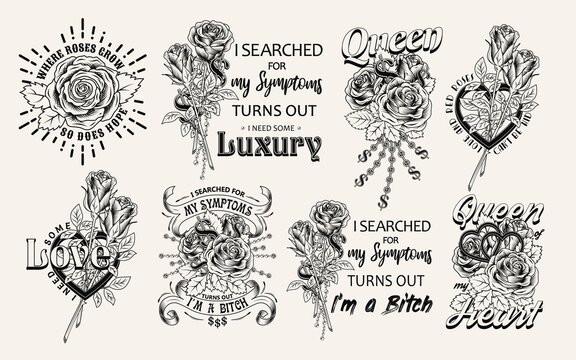 Set of black and white vintage labels with roses, dollar sign, chains with rhinestones, text, quotes. Vector monochrome illustration. T-shirt design.