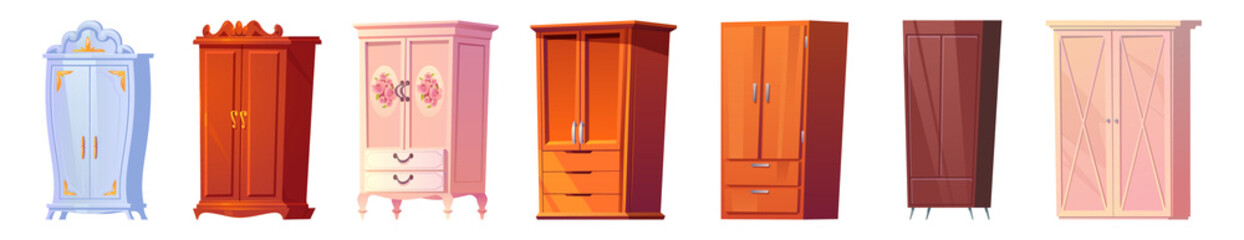 Cartoon cupboards set, baroque, shabby chic, modern, vintage, wild west or classic style. Interior cabinet stuff, fashioned furniture, wooden wardrobe isolated on white background, Vector illustration