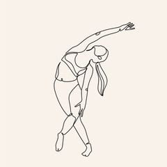 Continuous drawing in one line. Happy woman stretching. Vector illustration. Dancer dancing contemporary dance. Minimalist Wellness Feminine Illustration Elegant Logo
