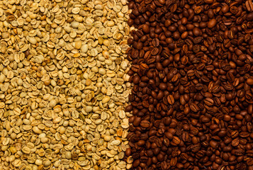 Green unroasted coffee beans and  brown roasted coffee beans background