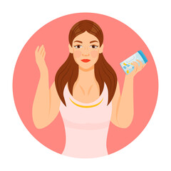 Girl with skin and hair supplements semi flat color vector character icon. Posing figure. Half body person on white. Simple cartoon style illustration for web graphic design and animation