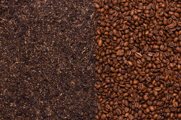 Black tea loose and coffee beans background