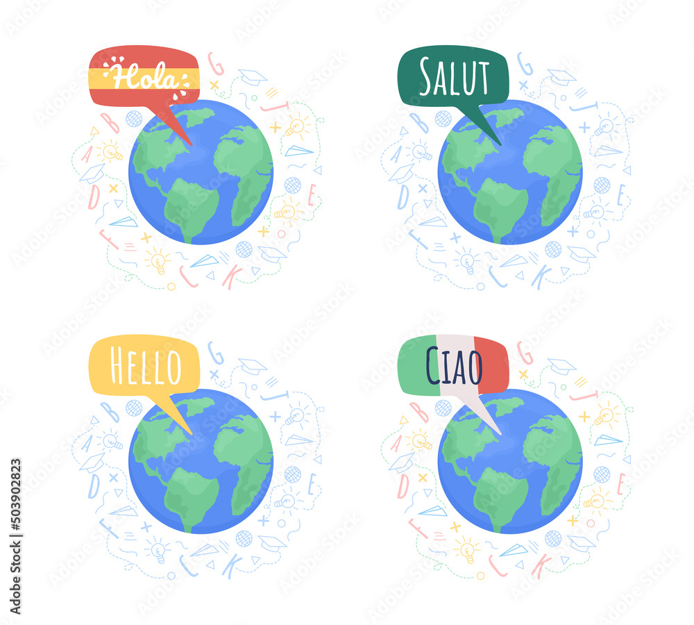 Poster language communities 2d vector isolated illustration set. flat objects on cartoon background. colour