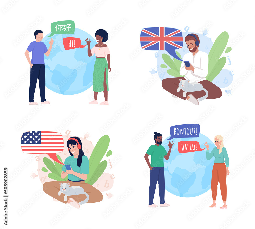 Poster tandem language learning 2d vector isolated illustration set. flat characters on cartoon background.
