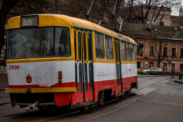 Fototapeta na wymiar Odessa tram nTram number 15 in Odessa umber 15 
