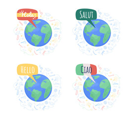 Language communities 2D vector isolated illustration set. Flat objects on cartoon background. Colourful scene collection for mobile, website, presentation. Amatic SC, Pacifico Regular fonts used © The img