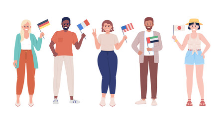 Fototapeta premium People with country flags semi flat color vector characters. Standing figures. Full body people on white. Community simple cartoon style illustration for web graphic design and animation