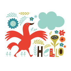 Hello card, Greeting card with red bird and flowers, lettering 
