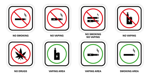 Forbidden Smoke Area Sign Set. Stop Smoke Area Prohibited Pictogram. Ban Zone Smoke Cannabis Drug Vaping Electronic Cigarette Silhouette Icon. Allow Smoking Green Sign. Isolated Vector Illustration