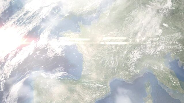Earth zoom in from outer space to city. Zooming on Poitiers, France. The animation continues by zoom out through clouds and atmosphere into space. Images from NASA