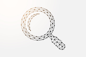 Magnifying glass 3d low poly symbol with connected dots. Analysis, search tool design vector illustration. Loupe polygonal wireframe