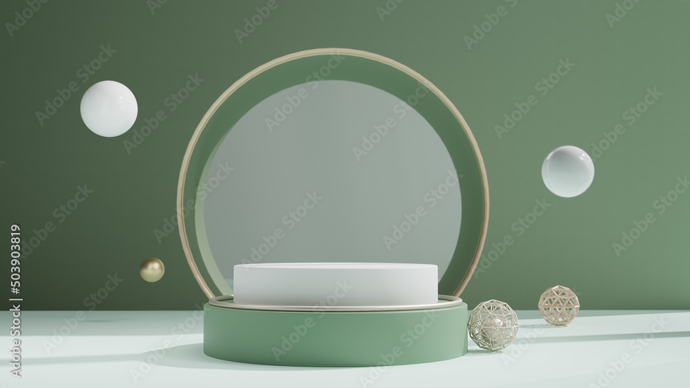 Poster 3d background products display green podium scene with platform. 3d stand to show cosmetic products.