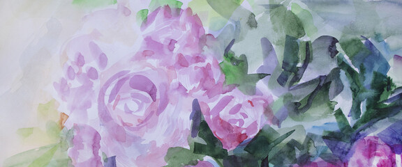 Romantic roses panorama background. Summer beautiful flowers. Watercolor brush strokes texture with smudges color of season 2022.