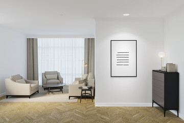 Bright modern-classic apartment with an illuminated vertical poster on a white wall next to a dresser, a living room with armchairs, a sofa and coffee tables by the window with curtains. 3d render