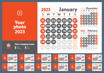 Calendar 2023 year. English vector horizontal wall calender template. Design collection. New year. Week starts on Sunday