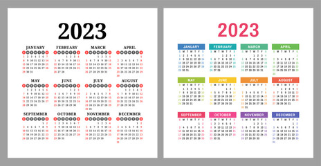 Calendar 2023. Square vector calender design template. English colorful set. New year. January, February, March, April, May, June, July, August, September, October, November, December