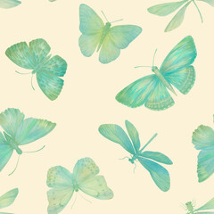 Delicate watercolor butterflies for design. Seamless botanical pattern. Abstract pattern of butterflies on colored paper for print, textile, wallpaper, scrapbooking