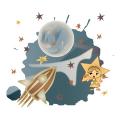 Rakete, Sternenmädchen, Mond, Weltall, Stern, Universum