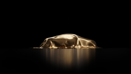 Expensive car gift covered by gold shiny fabric with bow-knot isolated on a black background. 3d render.