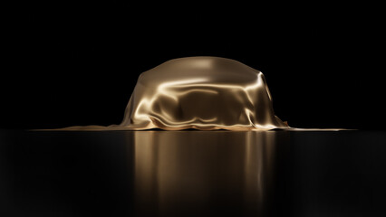 Front view car cover by gold silk cloth. New car launching concept. 3d render.