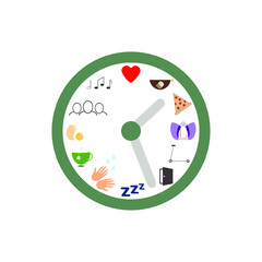 Clock with activities of the day. Simple icon. Food, meeting, drink, sport, beauty, sleep.