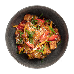 Isolated portion of crispy eggplant salad on white background