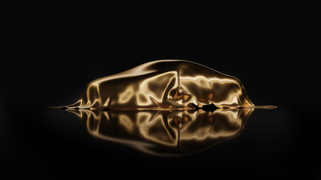 Shinny Gold Cloth Car Cover Isolated On Black Background. 3d Render.