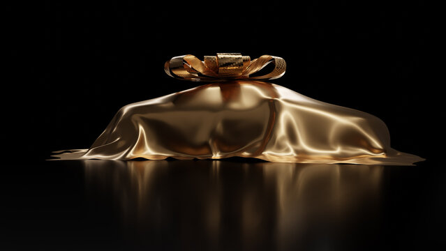 Car Covered With Gold Silk With Gold Bow Ribbon Isolated On Black Background. 3d Render.