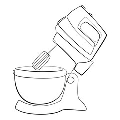 Kitchen food mixer one line drawing on white isolated background