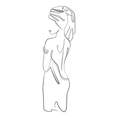 Woman after shower one line drawing on white isolated background