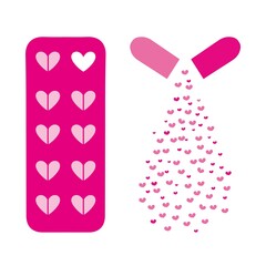 Blister with Pills in the form of hearts. Tablets and capsules in the form of hearts