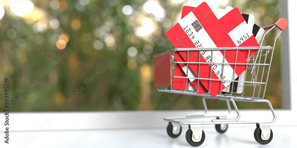 Poster bank card mockups with flags of austria in a small shopping cart. conceptual 3d rendering