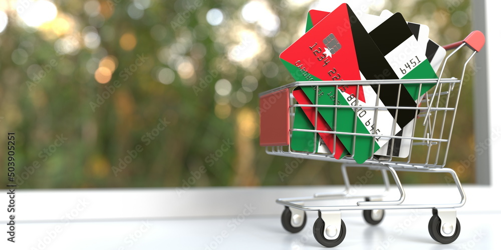Poster bank card mockups with flags of jordan in a small shopping cart. 3d rendering