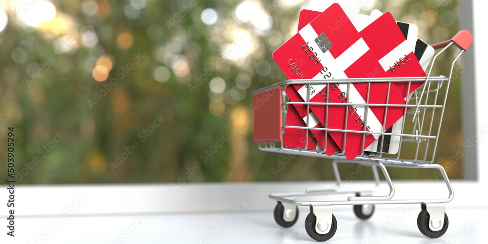 Poster bank card mockups with flags of denmark in a small shopping cart. 3d rendering