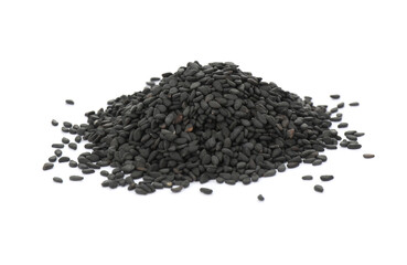 Heap of black sesame seeds on white background