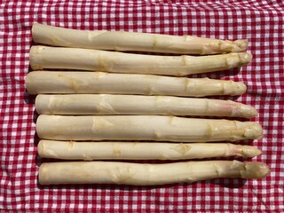 freshly harvested stalks of white asparagus lie on a red and white checkered cloth