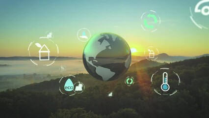 Earth globe in natural mountain scenery at sunset. Concept symbols sustainability, climate change, protecting the planet