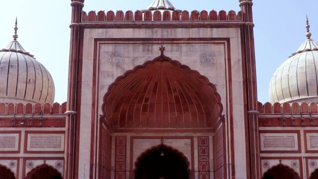 ancient mosque vintage dome view with bright sky at morning from unique perspective video is taken at jama masjid delhi india on Mar 30 2022.