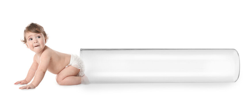 Little baby and test tube on white background, banner design. Reproductive medicine