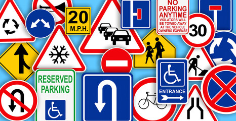 Collection of different traffic signs on turquoise background. Banner design